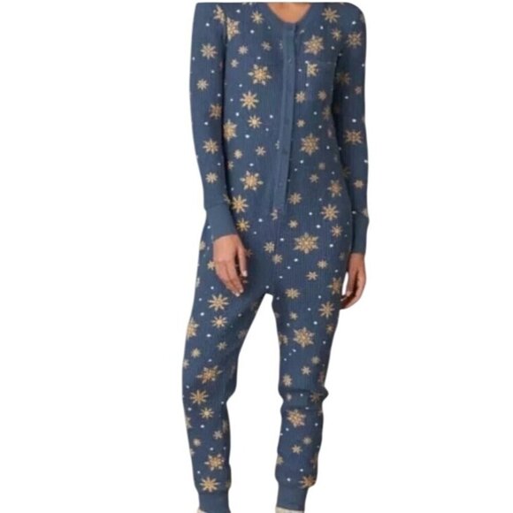 Sundance Blue Snowflake Print One-Piece Pajama Suit waffle knit Ribbed Size L - Picture 2 of 11